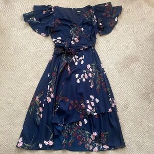 DKNY Midi Floral Dress Size 4 Flutter Sleeve Tie Waist Navy Easter Garden Party